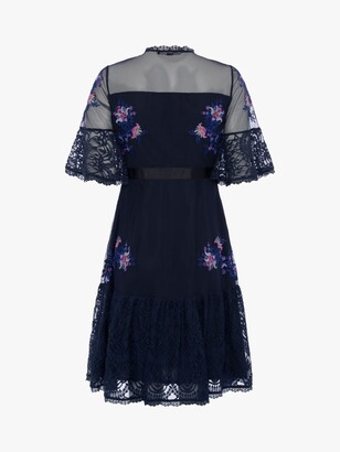 French Connection Bina Floral Embroidery and Lace Flared Dress, Utility Blue/Multi