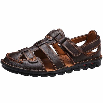 rismart Mens Leather Hiking Sandals Closed Toe Fisherman Beach Shoes