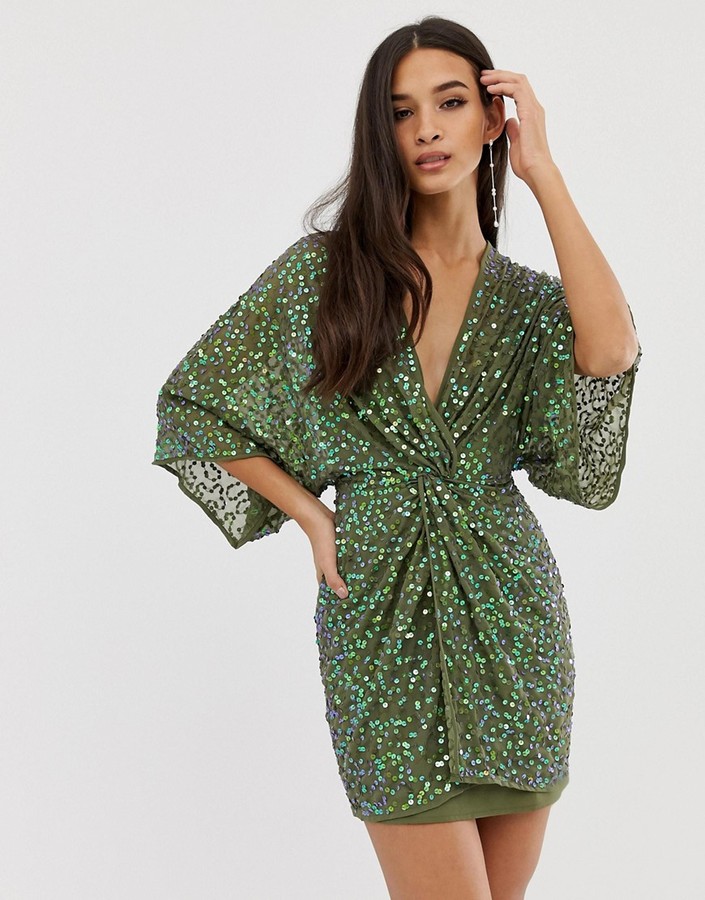 ASOS DESIGN scatter sequin knot front kimono mini dress - ShopStyle