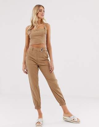 Miss Selfridge cami crop top with buckle straps in camel