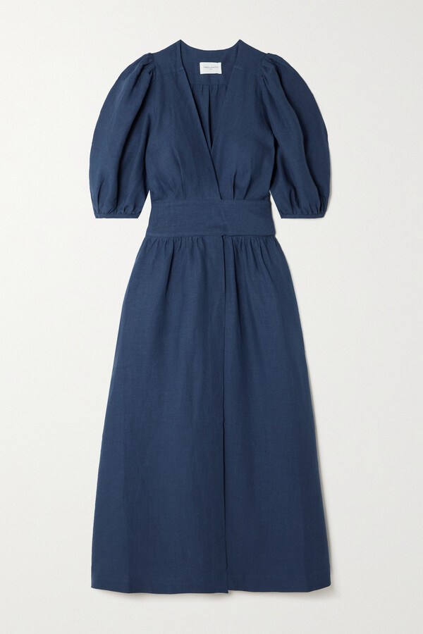 Three Graces London Fiona Linen Wrap Midi Dress - Blue - ShopStyle