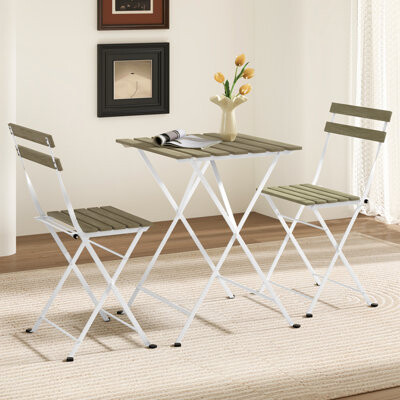 Ebern Designs 3 Pcs Patio Acacia Wood Bistro Set Bistro Table With 2 Folding Chairs Slatted Seat