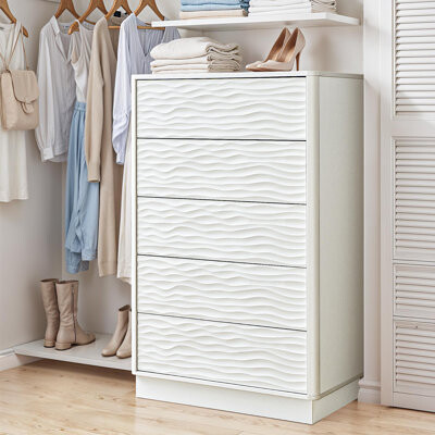 Rebrilliant Modern Fluted 5 Drawer Closet Island With Curved Edge & Wardrobe Closet With Handle-free Design & Closet Cabinet With Deep Storages