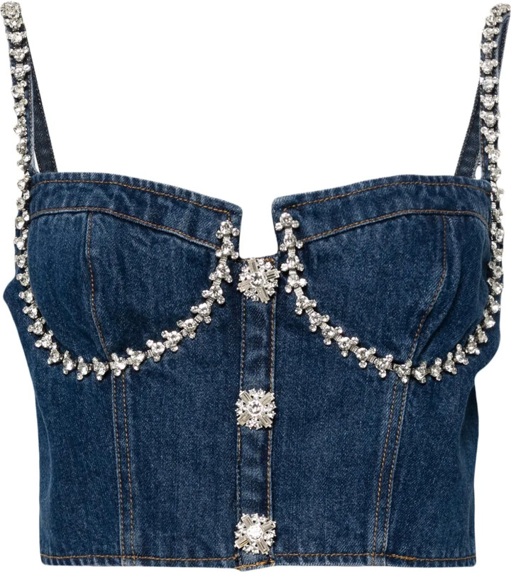Self-Portrait Crystal-Embellished Denim Bustier Top