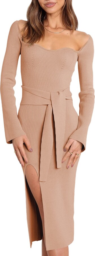 ANRABESS Women's Long Sleeve Ribbed Sweater Dress Turtleneck Slim Fit Slit  Midi Dress : : Clothing, Shoes & Accessories