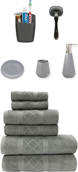 Sttelli Sttelli11-PieceBathroomBundle-SoapDispenser,SoapDish,WallHook,ToothbrushCup,WallOrganizer,5-Piece100%CottonTowelSet-Grey