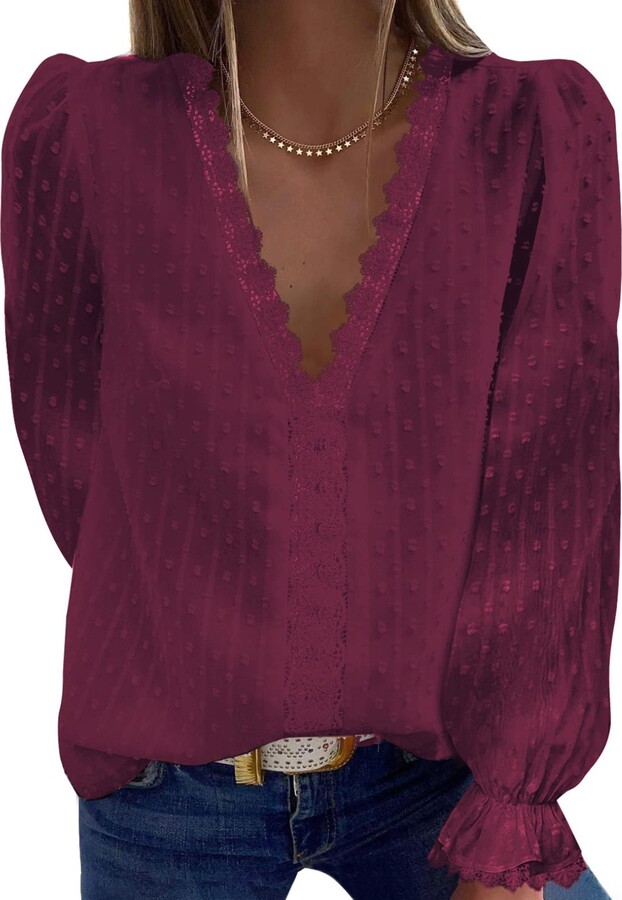 Paitluc Womens Spring Summer Elegant V-Neck Swiss Dot Lace