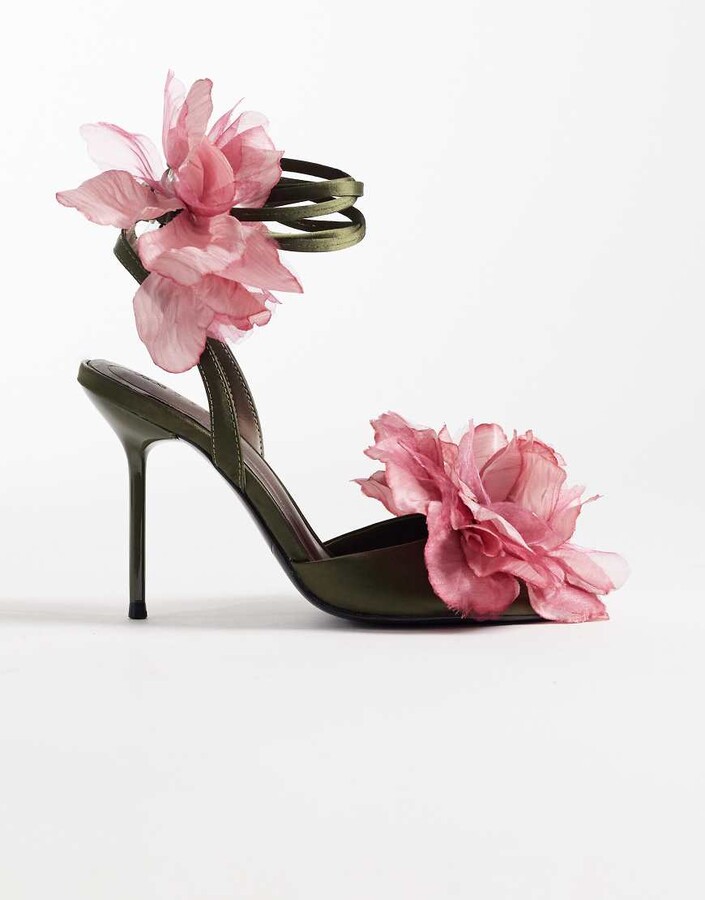 ASOS DESIGN Nigella oversized flower detailing tie leg high heel sandals in olive and pink