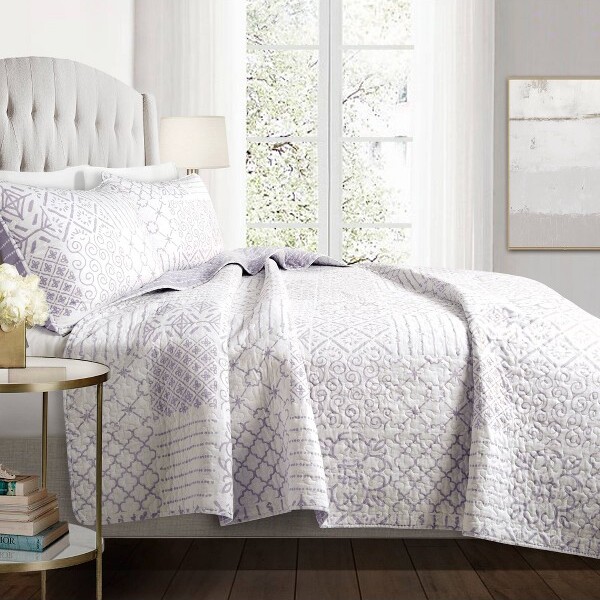 Lush Decor Full/Queen 3pc Monique Quilt Set Reversible Bedspread, Geometric Design, OEKO-TEX Certified