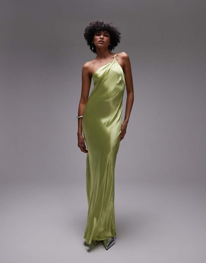 Topshop asymmetric one-shoulder open back midi occasion dress in lime satin