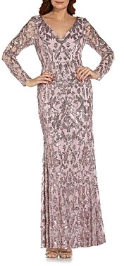 Adrianna Papell Stretch Sequin V Neck Long Sleeve Gown