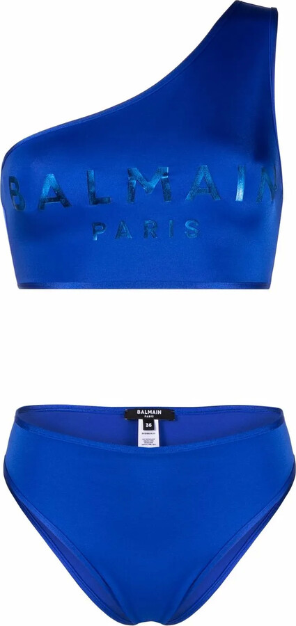 Balmain Logo-Print One-Shoulder Bikini