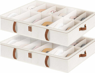 Hokku Designs Shoe Organizer Under Bed For Closet, 2-Pack Ultra-Thick Fabric Shoe Storage Containers With Bottom Support And Adjustable Dividers, Fits Up To 24 Pair