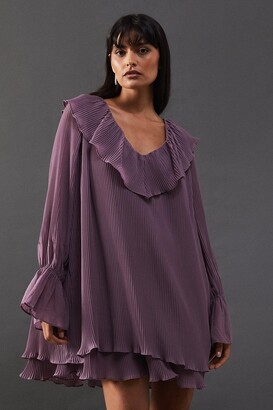 Warehouse Pleated Chiffon V Neck Mini Swing Dress Purple ShopStyle