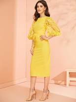 Thumbnail for your product : Shein Applique Embroidered Mesh Sleeve Obi Belted Pencil Dress