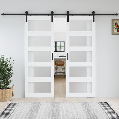 SMARTSTANDARD Tempered Frosted Glass Double Sliding Barn Door Set with Installation Hardware Kit – Double Barn Doors, Modern / Contemporary Interior Door