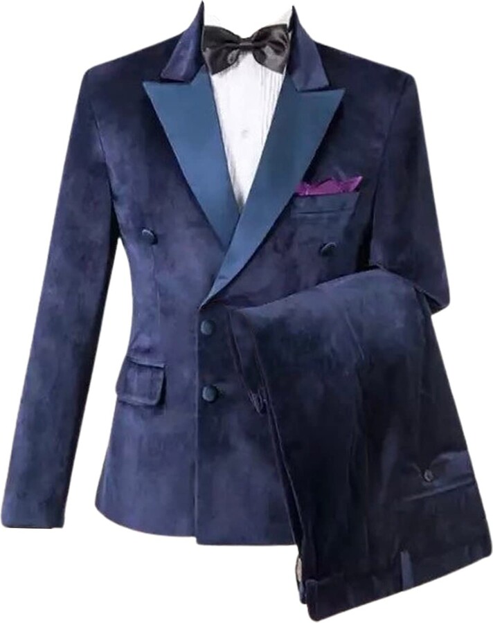 Drkobr Men's Velvet Suit 2 Pieces Set Jacket Pants for Formal Prom