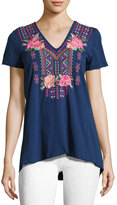 Thumbnail for your product : Johnny Was Floral-Embroidered Drape-Back Tee, Navy