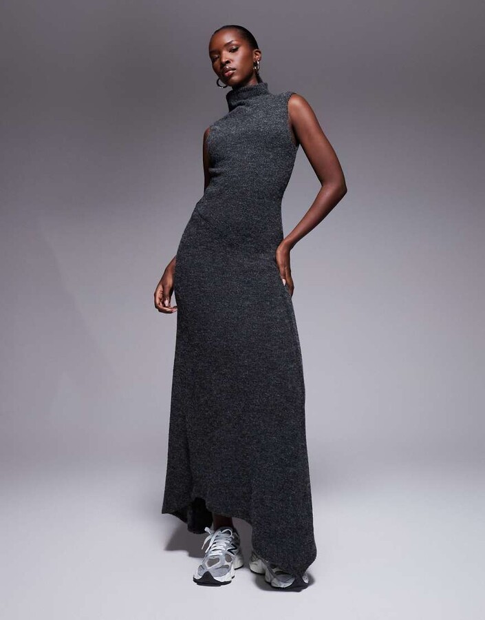 ASOS DESIGN ribbed high neck asymmetric hem maxi dress