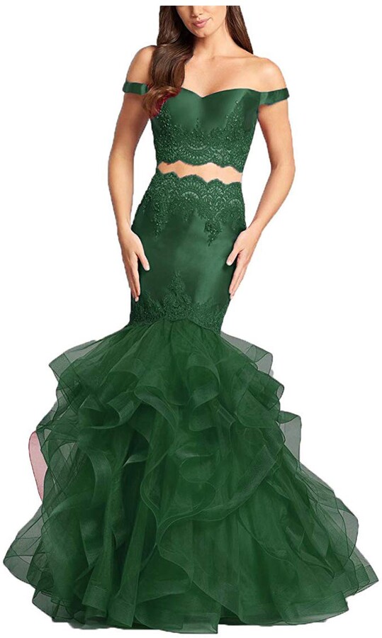 off shoulder green prom dress