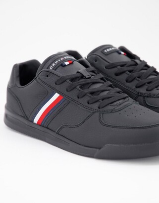 his cheap total Tommy Hilfiger lightweight leather sneakers with side flag logo in black -  ShopStyle