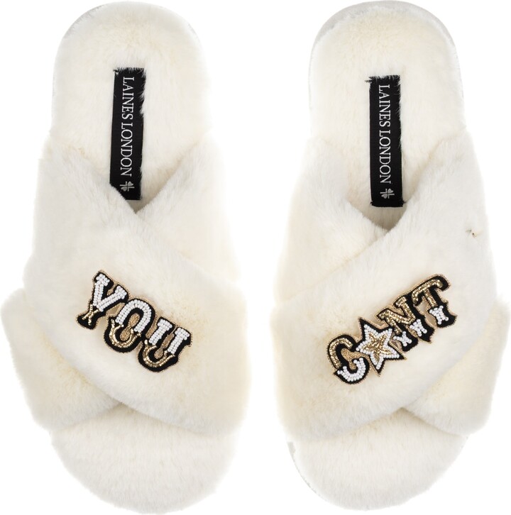 Laines London White / Neutrals Classic Laines Slippers With You Cunt Brooches - Cream