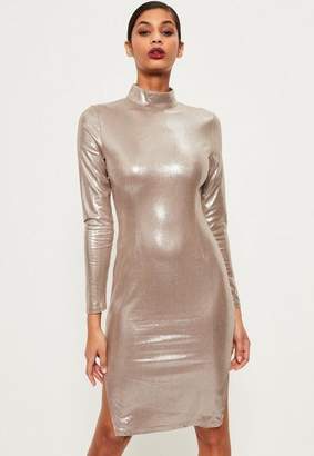 Missguided Silver High Neck Foiled Suede Midi Dress