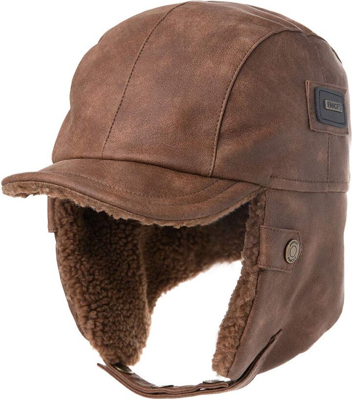Fancet Faux Leather Aviator Pilot Cap Mens Winter Hats for Women Warm
