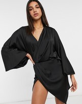 Thumbnail for your product : ASOS DESIGN blouson sleeve satin shirt mini dress with open back in black