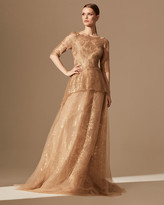 Thumbnail for your product : Rickie Freeman For Teri Jon Premier Square-Neck Elbow-Sleeve Metallic Chantilly Lace Peplum Gown