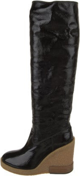 Tod's Patent Leather Over-The-Knee Riding Boots Black Colorblock Pattern Semi-Pointed Toes Platform Includes Box