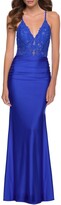 Thumbnail for your product : La Femme Lace-Bodice V-Neck Jersey Gown