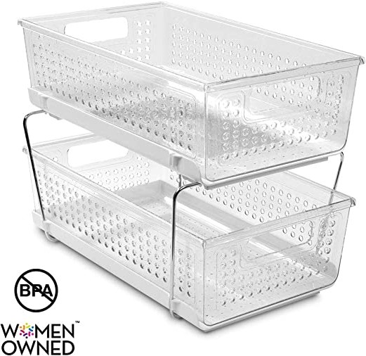madesmart 2-Tier Organizer Bath Collection Slide-out Baskets with Handles, Space Saving, Multi-purpose Storage & BPA-Free, Large, Clear-Without Dividers