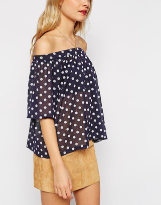 ASOS PETITE Top With Off Shoulder In Texture With Spot Print