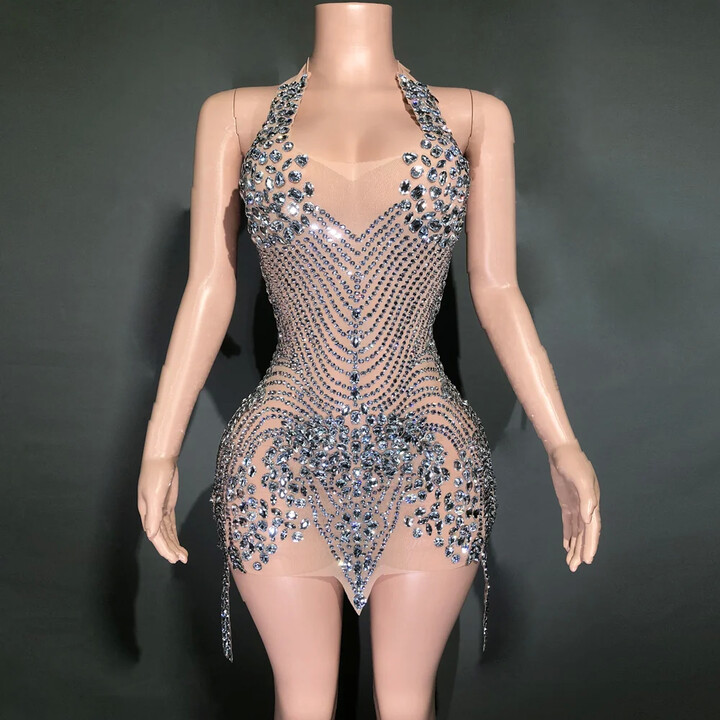 celurvei Sparkly Rhinestones Evening Prom Celebrate Birthday Dress Sexy Halter Backless Mesh Velvet Short Dress Performance Stage Wear