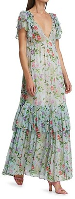 By Ti Mo Ruffle Trim Floral Georgette Gown