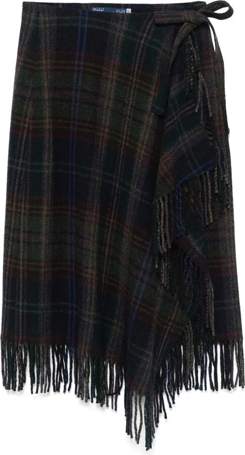 Fringe-Trim Plaid Wrap Skirt
