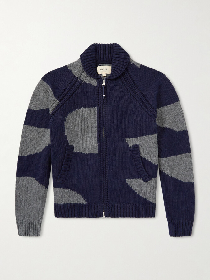 Folk Curve Two-Tone Knitted Zip-Up Cardigan