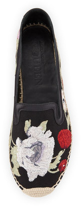 Alexander McQueen Floral-Embroidered Espadrille Flat, Black/Multi