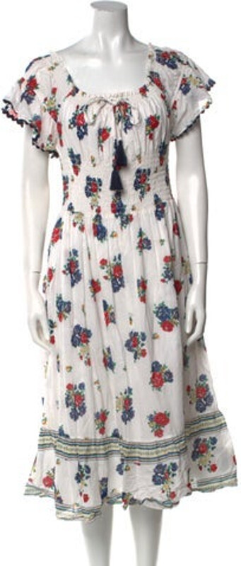 Tory Burch A-Line Dress Blue, Red & White Floral Print Ruffle & Tassel Accents Short Sleeve with Scoop Neck Sash-Tie Closure at Front Designer