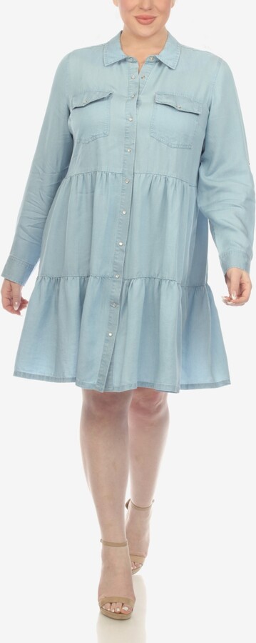 White Mark Plus Size Long Sleeve Tiered Midi Shirt Dress