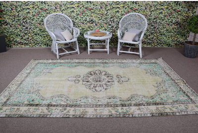 kayra export Vintage Turkish Rug with Ornate Center Medallion in Pastel Green