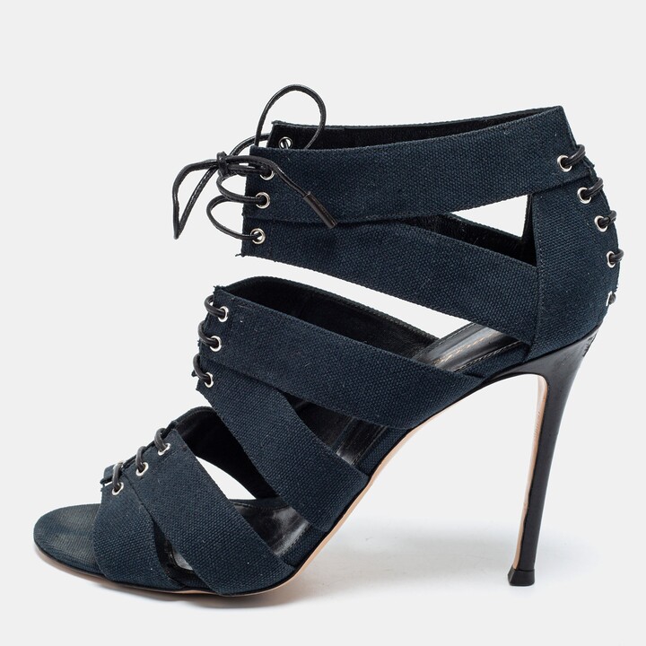 Gianvito Rossi Blue Canvas Lace Up Roxy Caged Sandals