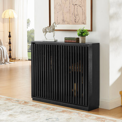 Hokku Designs Mid Century Modern Fluted Hollowed Out Sideboard Cabinet With 2 Outlet Holes, Buffet Cabinet With Storage, Black Storage Cabinet For Living Room, Entr