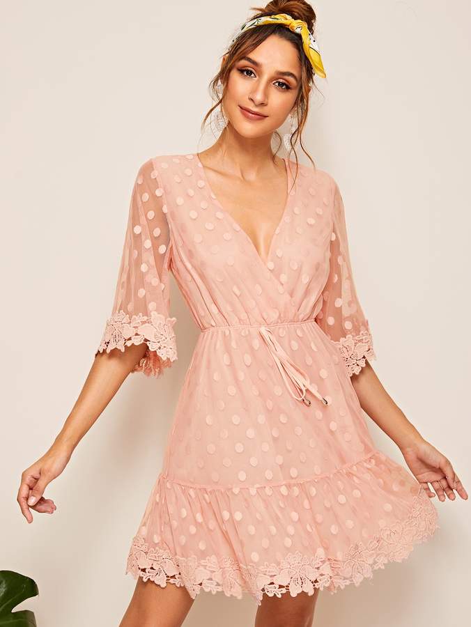 flounce sleeve frill trim star sequin mesh dress