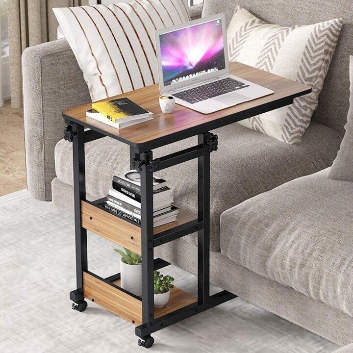 Tribesigns Height Adjustable C Table with Storage Shelves and Wheels