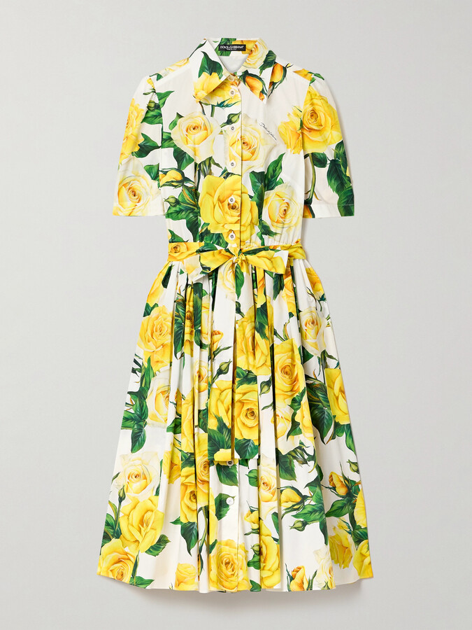 Dolce & Gabbana Belted Pleated Floral-print Cotton-poplin Midi Dress - Yellow