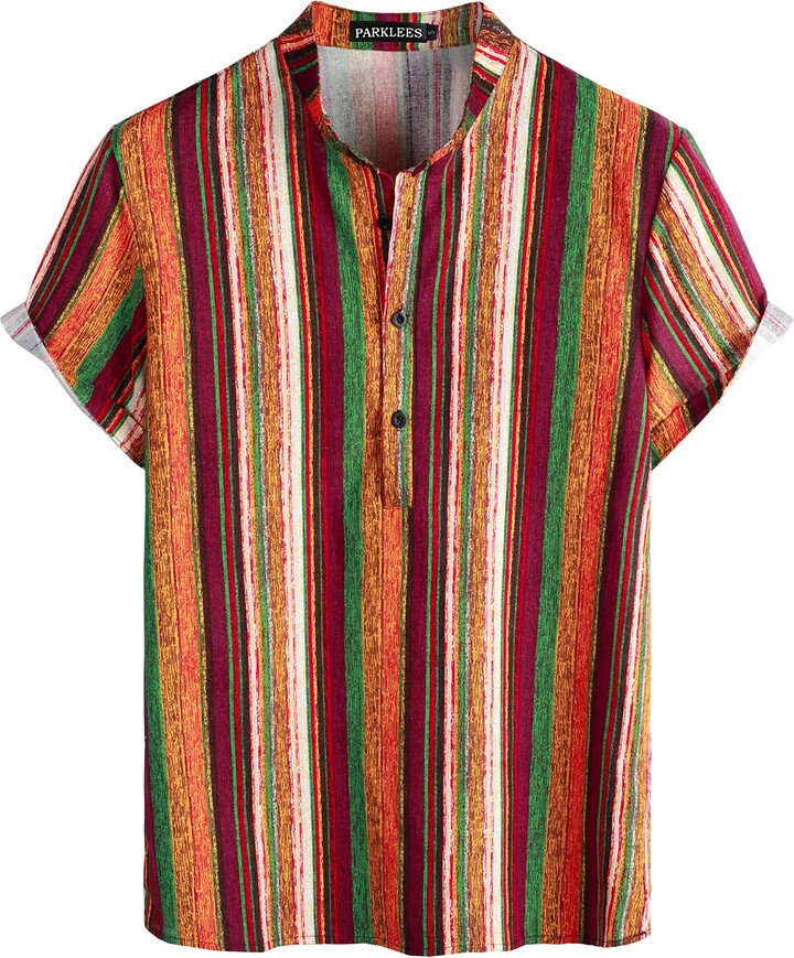 PARKLEES Mens Cotton Linen Floral Print Hawaiian Shirts Casual Short Sleeve Grandad Collar Shirt 