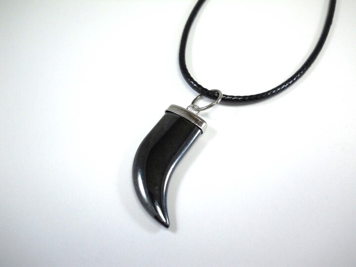 Hematite Gemstone Horn Pendant Necklace, Healing Gemstone, Chakra Black Men's Women's Necklace