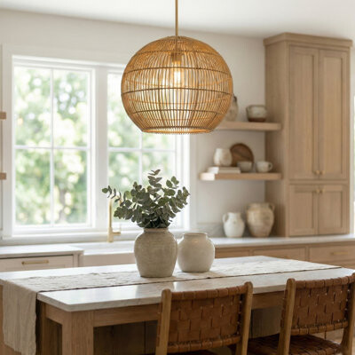 Bay Isle Home Coastal 19.25 in. Camel Rattan 1-Light Pendant